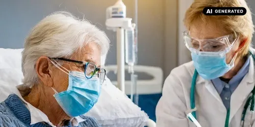 AI-generated image: Ai generated image showing an elderly woman in a hospital bed being treated by a doctor. Both are wearing surgical masks.