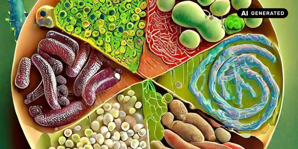 AI-generated image: image shows a dish divided into sections with different microorganisms represented in different sections