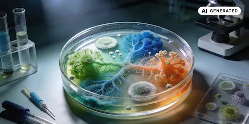 AI-generated image: AI generated image shows a petridish containing representations of fungi