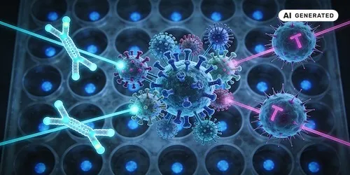 AI-generated image: AI generated Image shows viruses above some wells, with RNS and T-cells around it