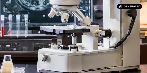 AI-generated image: Ai generated image depicting a microscope and some vials with coloured liquid in a laboratory