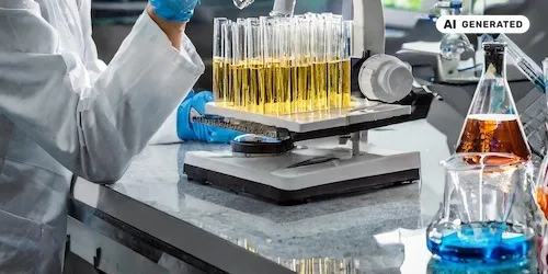 AI-generated image: Ai generated image showing a scientist working with colourful liquid in multiple tubes in a laboratory