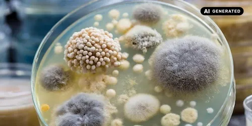 AI-generated image: AI generated image showing a Petri dish growing fictionalised versions of moulds and yeast