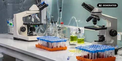 AI-generated image: Ai generated image showing microscopes, tubes, and containers with liquid on a laboratory bench