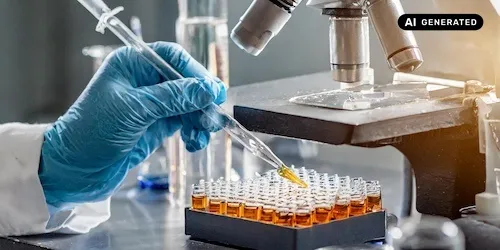 AI-generated image: AI generated image representing scientist wearing gloves putting samples in tubes near a microscope