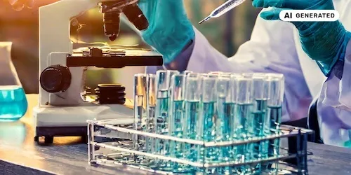 AI-generated image: AI generated image representing a scientist in protective clothing working in a lab with blue liquid in test tubes