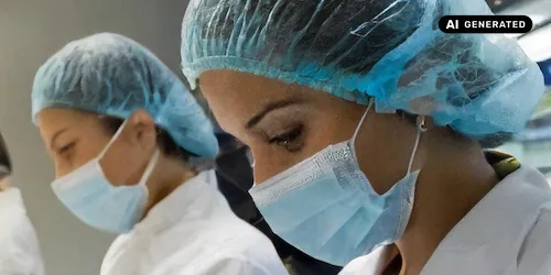 AI-generated image: Ai generated image depicting scientists wearing protective clothing looking down whilst working