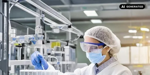 AI-generated image: AI generated image shows a scientist in protective clothing placing samples into tubes in a laboratory