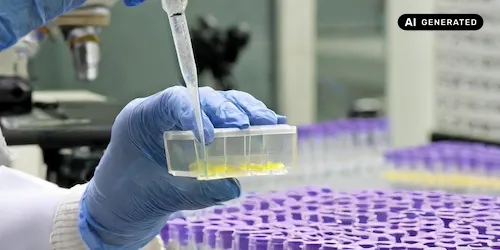 AI-generated image: AI generated image shows scientists in protective clothing pipetting samples into tubes
