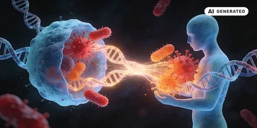 AI-generated image: AI generated image representing a universal method to co-profile RNA synthesis in host and pathogen, a project funded by SciLifeLab's pandemic laboratory preparedness program