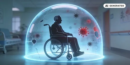 AI-generated image: AI generated image shows an individual in a wheelchair within a bubble being protected from viruses