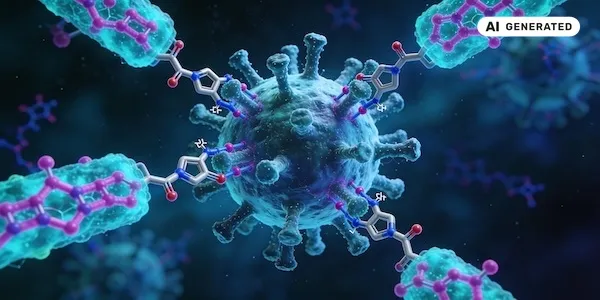 AI-generated image: AI generated image showing compounds binding to a virus