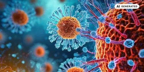 AI-generated image: AI generated image representing SARS-CoV-2 viruses