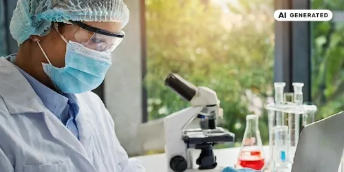 AI-generated image: AI generated image representing a scientist in a laboratory looking down whilst working next to a microscope and colorful liquid in tubes