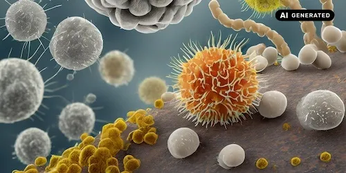 AI-generated image: Ai generated images shows various pathogen-like molecules joining a surface