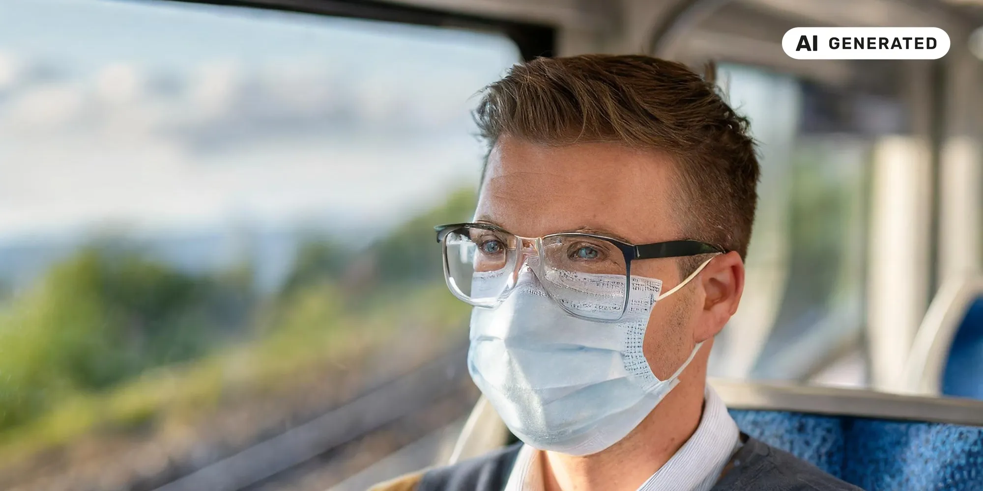 AI-generated image: Ai generated image showing a man in a medical mask traveling on public transport
