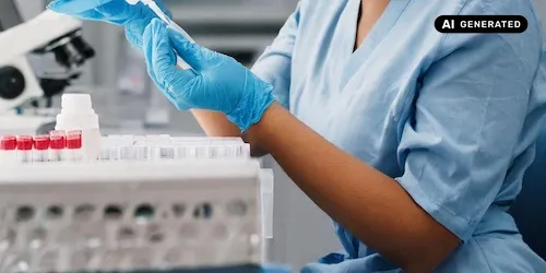 AI-generated image: Ai generated image representing scientist in gloves handling samples in tubes near a microscope in a laboratory